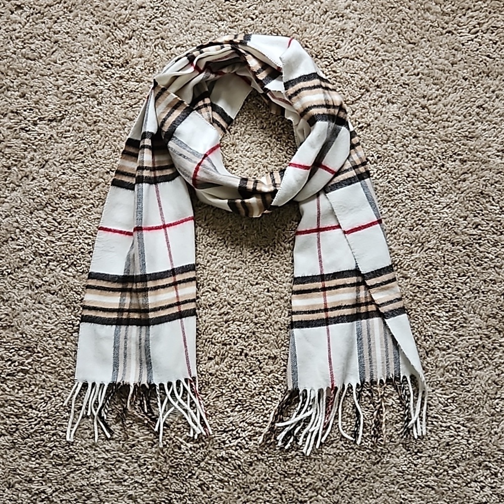 Cashmink plaid scarf, white, browns, red and black